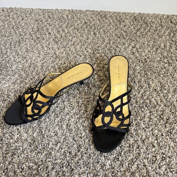 VTG Tahari Kitten Heel Strappy Sandals Womens 9.5 M Black Satin 90s Y2K Slip On - Picture 1 of 9